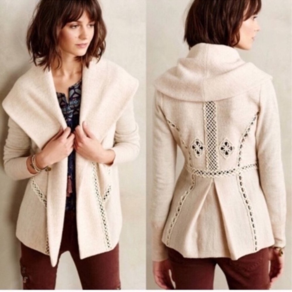 Angel Of The North Beige Soutache Lace Detail Wool Cardigan Size Medium